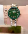Gold Gümüş Yeşil Renk Kesme Camlı Kadın Kol Saati Ve Bileklik