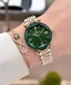 Gold Gümüş Yeşil Renk Kesme Camlı Kadın Kol Saati Ve Bileklik