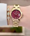 Kadranı Bordo Kordonu Gold Renk 28 mm Kadın Kol Saati ve Bileklik