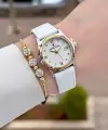 Kasası Gold Gümüş Kordonu Beyaz Renk 29 Mm Kadın Kol Saati ve Bileklik