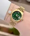 Kadranı Yeşil Kordonu Gold Renk 28 Mm Kadın Kol Saati ve Bileklik