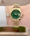 Kadranı Yeşil Kordonu Gold Renk 28 Mm Kadın Kol Saati ve Bileklik