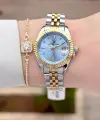 Kadranı Mavi Kordonu Gold Gümüş Renk 28 Mm Kadın Kol Saati ve Bileklik