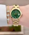 Kadranı Yeşil Kordonu Gold Renk 28 mm Kadın Kol Saati ve Bileklik