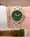 Kadranı Yeşil Kordonu Gold Gümüş Renk Kadın 30 Mm Kadın Kol Saati ve Hediye Bileklik