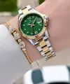 Kadranı Yeşil Kordonu Gold Gümüş Renk 28 mm Kadın Kol Saati ve Bileklik