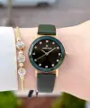 Kasası Gold Kordonu Yeşil Renk 28 Mm Hediye Paketli Kadın Kol Saati