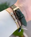 Kasası Gold Kordonu Yeşil Renk 28 Mm Hediye Paketli Kadın Kol Saati