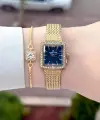 Kadranı Mavi Kordonu Gold Renk Hediye Paketli 20,5 Mm Kadın Kol Saati