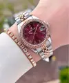 Kadranı Bordo Kordonu Rose Gümüş Renk 32,5 mm Takvimli Kadın Kol Saati ve Bileklik
