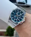 Kadranı Mavi Kordonu Gümüş Renk Hediye Paketli 44 Mm Erkek Kol Saati