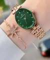 Kadranı Yeşil Kordonu Rose Renk Hediye Paketli 24 Mm Kadın Kol Saati ve Bileklik