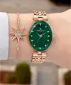 Kadranı Yeşil Kordonu Rose Renk Hediye Paketli 24 Mm Kadın Kol Saati ve Bileklik