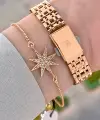 Kadranı Yeşil Kordonu Rose Renk Hediye Paketli 24 Mm Kadın Kol Saati ve Bileklik