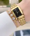 Kadranı Siyah Kodronu Gold Renk Hediye Paketli 22 Mm Kadın Kol Saati ve Bileklik ve Bileklik