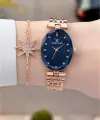 Kadranı Lacivert Kordonu Rose Renk Hediye Paketli 24 Mm Kadın Kol Saati ve Bileklik