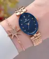 Kadranı Lacivert Kordonu Rose Renk Hediye Paketli 24 Mm Kadın Kol Saati ve Bileklik