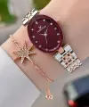Kadranı Bordo Kordonu Rose Gümüş Renk Hediye Paketli 24 Mm Kadın Kol Saati ve Bileklik
