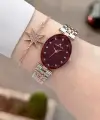Kadranı Bordo Kordonu Rose Gümüş Renk Hediye Paketli 24 Mm Kadın Kol Saati ve Bileklik