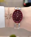 Kadranı Bordo Kordonu Rose Gümüş Renk Hediye Paketli 24 Mm Kadın Kol Saati ve Bileklik
