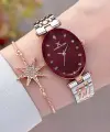 Kadranı Bordo Kordonu Rose Gümüş Renk Hediye Paketli 24 Mm Kadın Kol Saati ve Bileklik