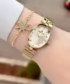 Kadranı Sarı Kordonu Gold Renk Hediye Paketli 24 Mm Kadın Kol Saati ve Bileklik