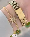 Kadranı Sarı Kordonu Gold Renk Hediye Paketli 24 Mm Kadın Kol Saati ve Bileklik