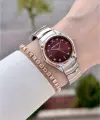 Kadranı Bordo Kordonu Rose Gümüş Renk 30 mm Hediye Paketli Kadın Kol Saati