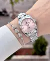 Kadranı Pembe Kordonu Gümüş Renk 30 Mm Hediye Paketli Kadın Kol Saati