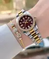 Kadranı Bordo Kordonu Gold Gümüş Renk 28 Mm Kadın Kol Saati ve Bileklik