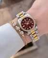 Kadranı Bordo Kordonu Gold Gümüş Renk 28 Mm Kadın Kol Saati ve Bileklik