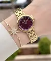 Kadranı Bordo Kordonu Gold Renk 25 Mm Hediye Paketli Kadın Kol Saati