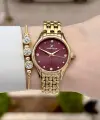 Kadranı Bordo Kordonu Gold Renk 30 mm Hediye Paketli Kadın Kol Saati