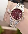 Kadranı Bordo Kordonu Rose Gümüş Renk 30 Mm Hediye Paketli Kadın Kol Saati