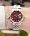 Kadranı Bordo Kordonu Rose Gümüş Renk 30 Mm Hediye Paketli Kadın Kol Saati