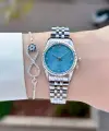 Kadranı Mavi Kordonu Gümüş Renk 24 Mm Kadın Kol Saati ve Bileklik
