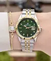 Kadranı Yeşil Kordonu Gold Gümüş Renk 30 Mm Hediye Paketli Kadın Kol Saati