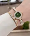 Kadranı Yeşil Kordonu Gold Renk 22,5 Mm Gelinlik Model Kadın Kol Saati