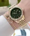 Kadranı Yeşil Kordonu Gold Renk 34 Mm Kadın Kol Saati ve Bileklik