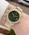Kadranı Yeşil Kordonu Gold Renk 34 Mm Kadın Kol Saati ve Bileklik
