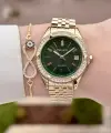 Kadranı Yeşil Kordonu Gold Renk 34 Mm Kadın Kol Saati ve Bileklik