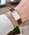 Kasası Rose Kordonu Bordo Renk Kadın Kol Saati ve Bileklik