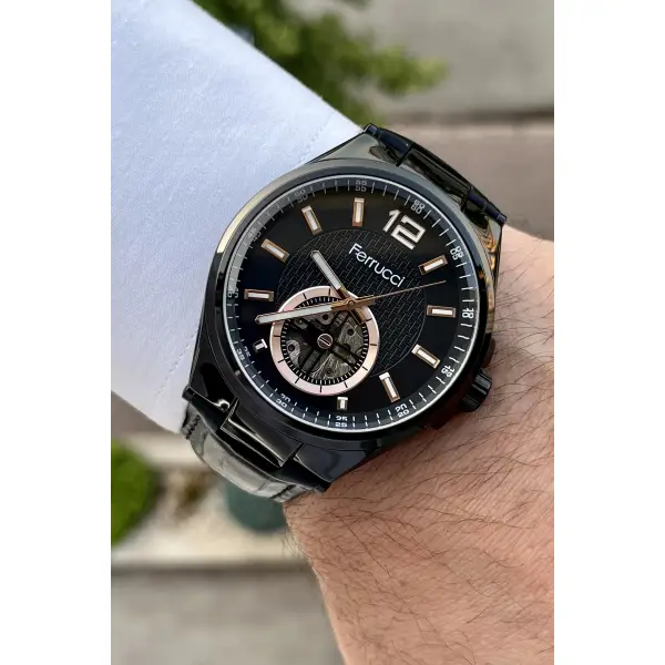 Ferrucci FCISTE138 Siyah Renk Otomatik Deri Kordon Erkek Kol Saati
