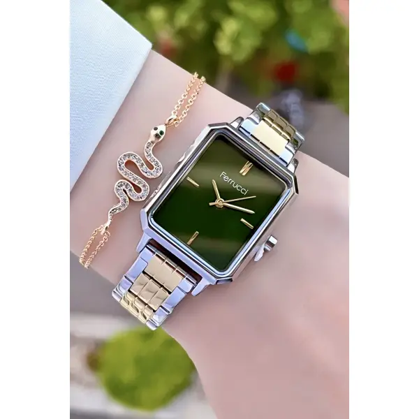 Ferrucci FCISTE140 Kadranı Yeşil Gold Gümüş Renk 2 Yıl Garantili Kadın Kol Saati ve Bileklik