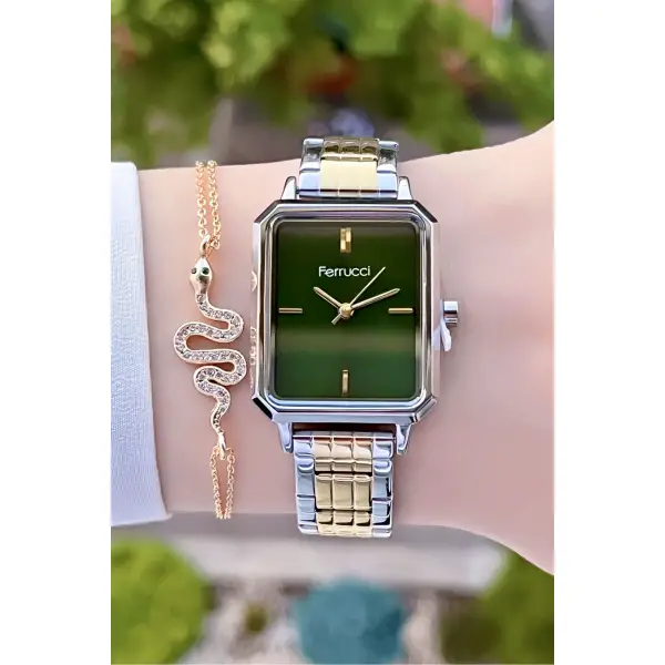 Ferrucci FCISTE140 Kadranı Yeşil Gold Gümüş Renk 2 Yıl Garantili Kadın Kol Saati ve Bileklik