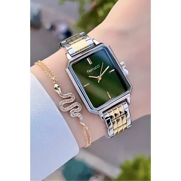 Ferrucci FCISTE140 Kadranı Yeşil Gold Gümüş Renk 2 Yıl Garantili Kadın Kol Saati ve Bileklik