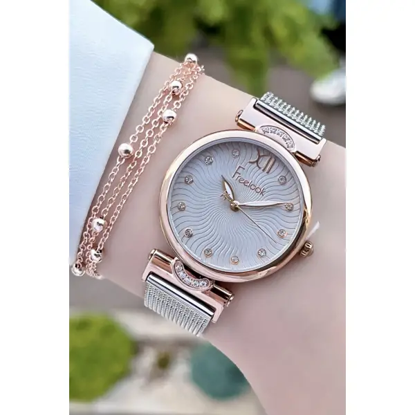 Freelook FLISTE14 Rose Gümüş Renk Hasır Kordon 5 ATM Su Geçirmez Kadın Kol Saati ve Bileklik