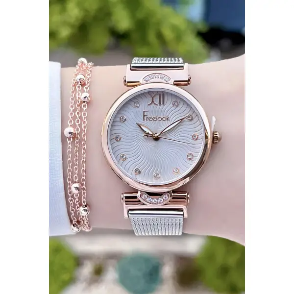 Freelook FLISTE14 Rose Gümüş Renk Hasır Kordon 5 ATM Su Geçirmez Kadın Kol Saati ve Bileklik