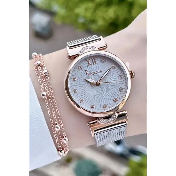 Freelook FLISTE14 Rose Gümüş Renk Hasır Kordon 5 ATM Su Geçirmez Kadın Kol Saati ve Bileklik
