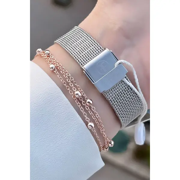 Freelook FLISTE14 Rose Gümüş Renk Hasır Kordon 5 ATM Su Geçirmez Kadın Kol Saati ve Bileklik